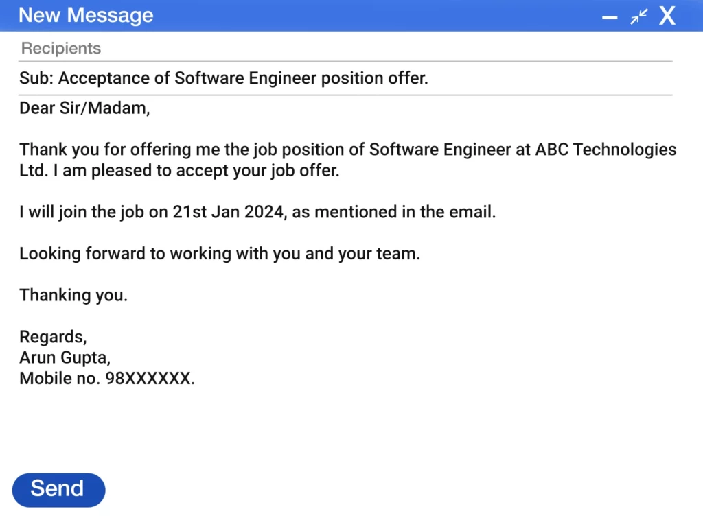 Job Offer letter acceptance reply email sample