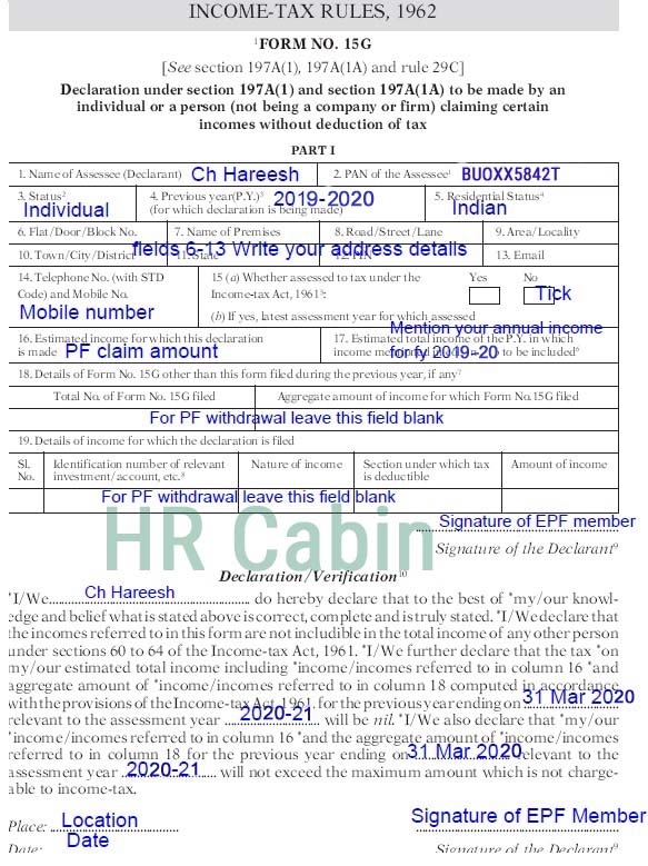 Sample Filled Form 15g 15h For Pf Withdrawal In 2020