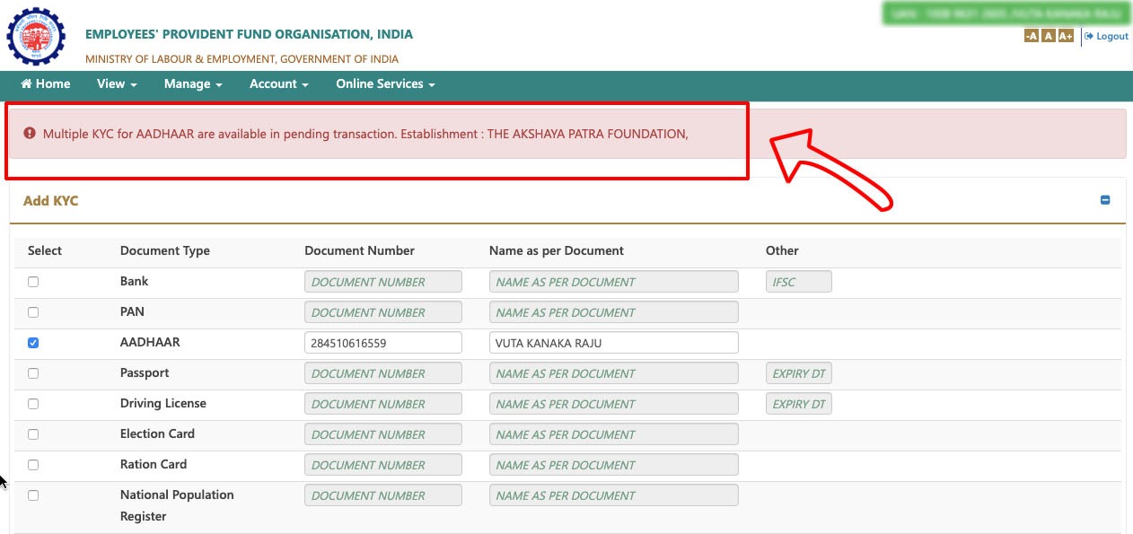 What is Multiple KYC for Aadhaar are Available in Pending Transaction. Establishment