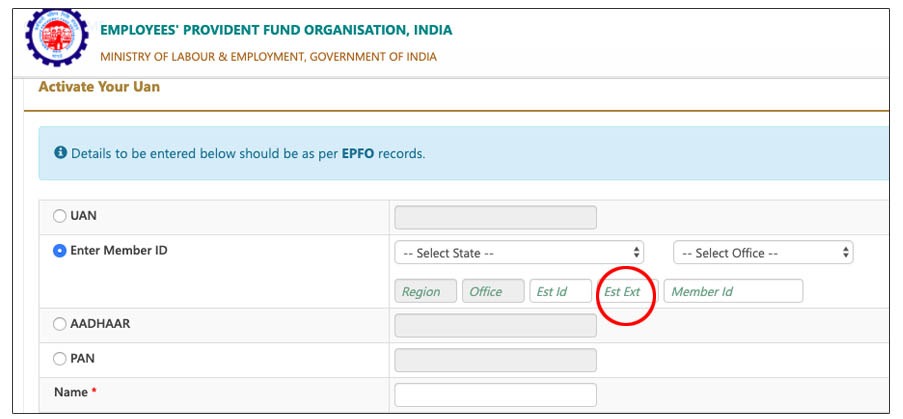 What are establishment id extension and account number in PF