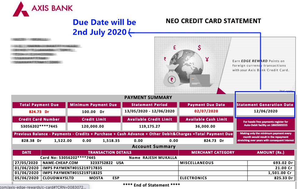 Axis bank credit card bill payment due date