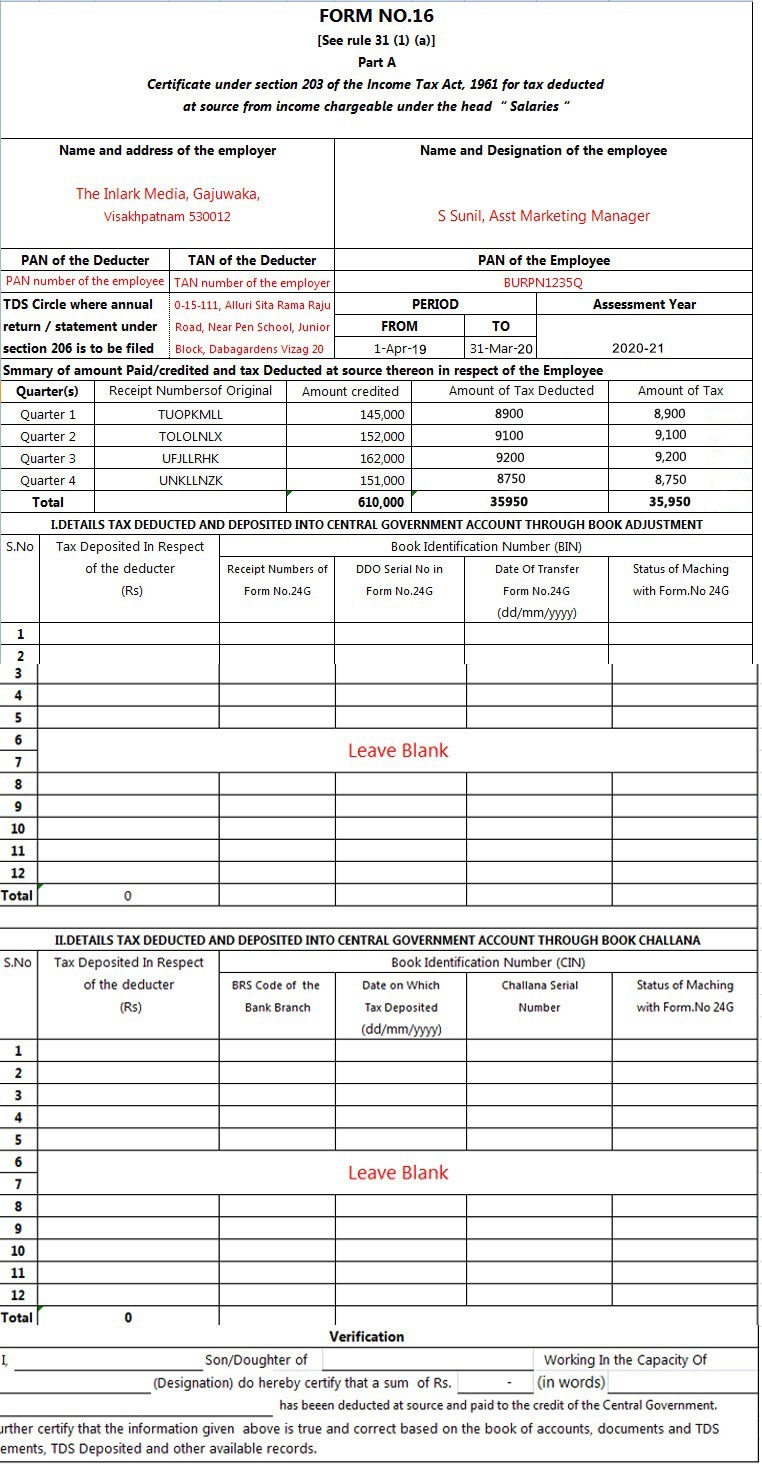 Form 16 part A excel format for ay 2020-21