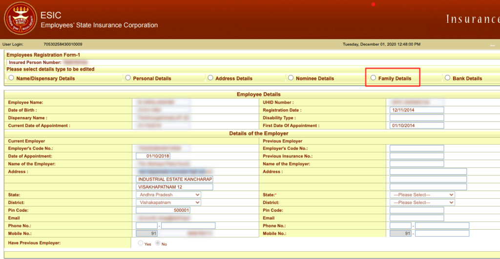 how to edit family members in esic,