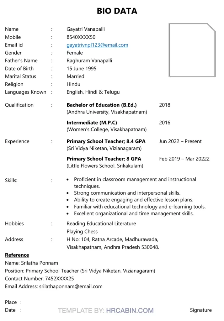 Teacher job biodata format in Word and PDF free download