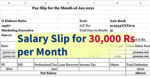 Salary Slip for 30000 per Month in Excel & PDF