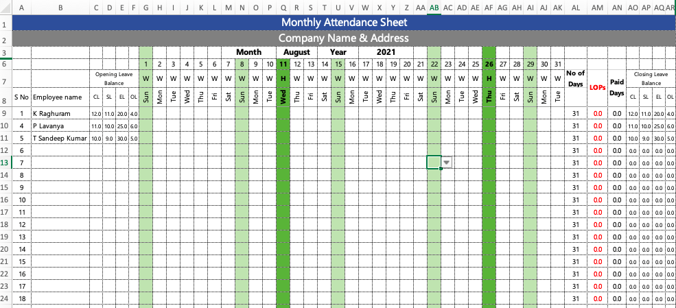 Employee Attendance Sheet in Excel with Formulas