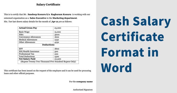 Cash Salary Certificate Letter Format in Word