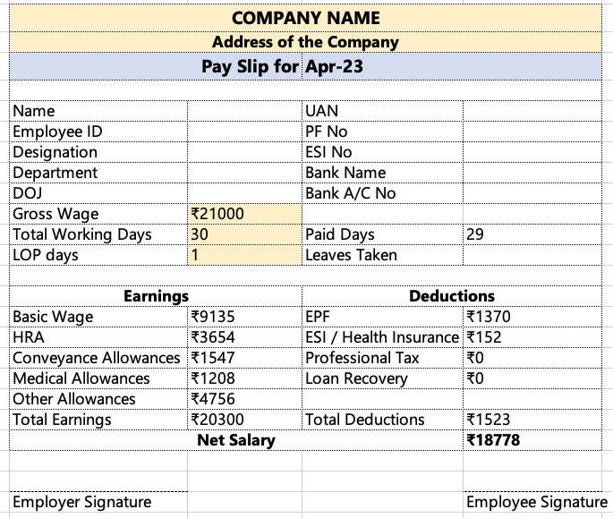 Salary slip format in India Word format free download
