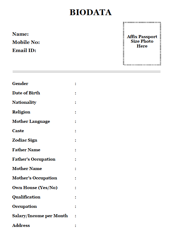 Indian marriage biodata format