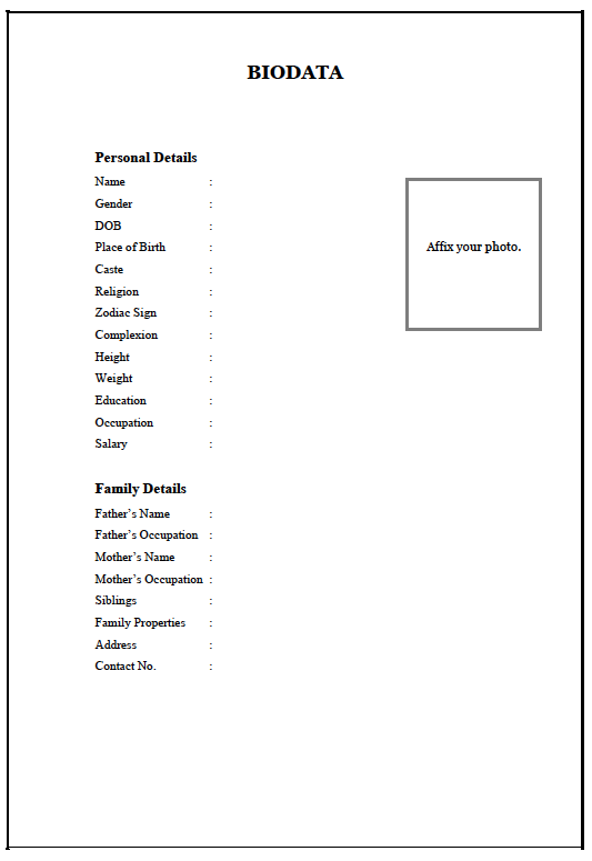 Biodata format for marriage PDF and Word