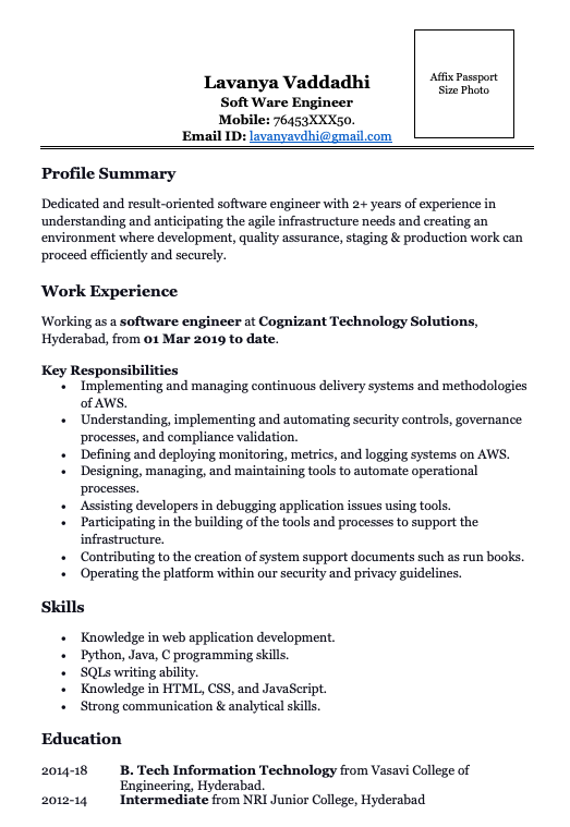 work experience software engineer resume