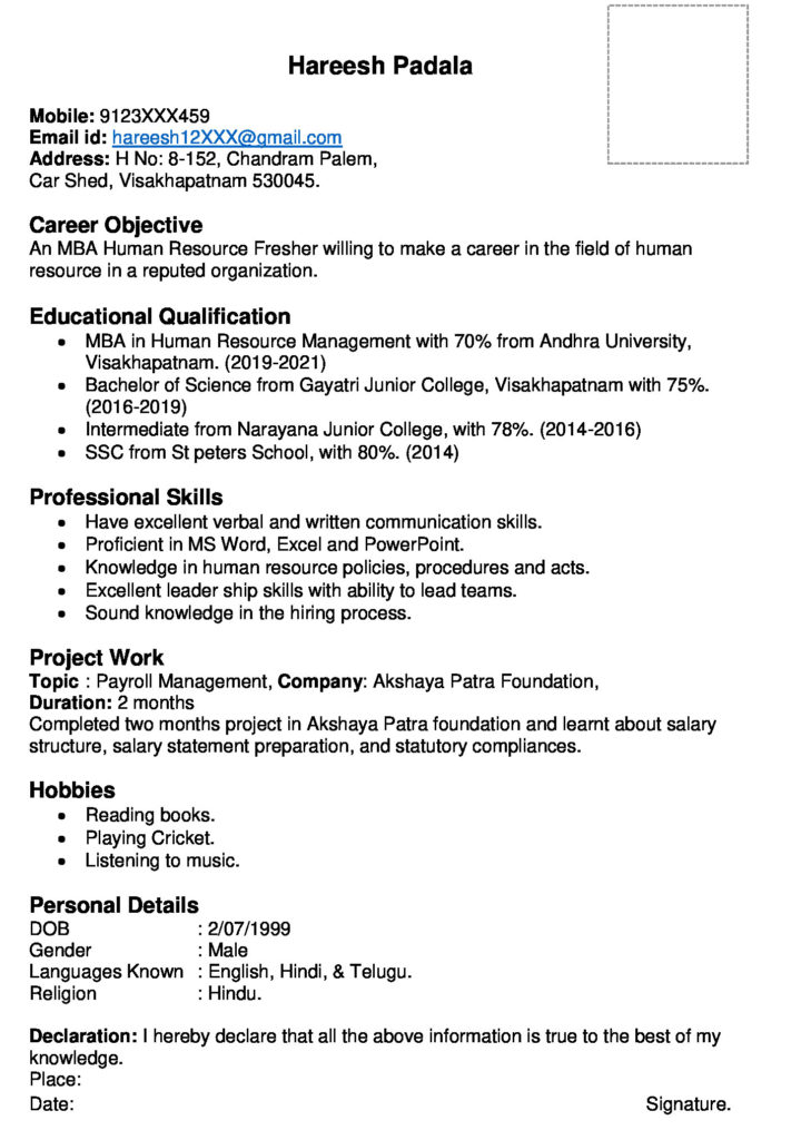 MBA HR fresher resume
