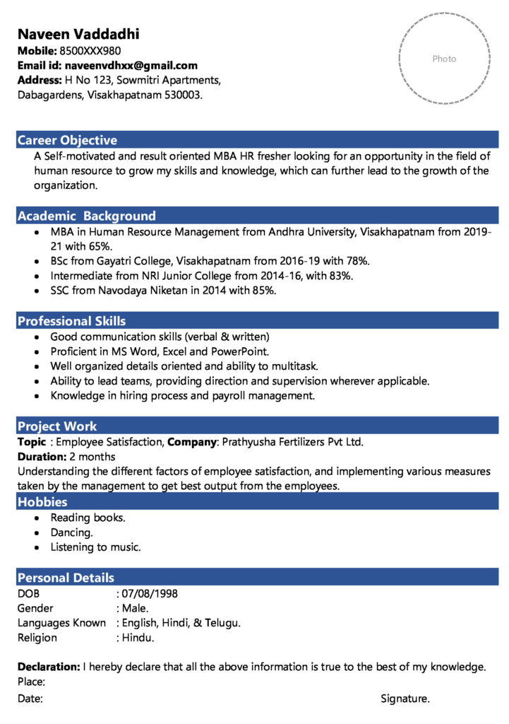 resume template for mba freshers