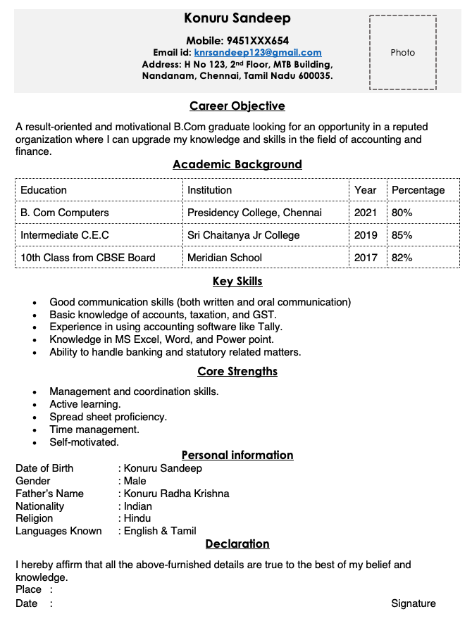 resume template for bcom freshers