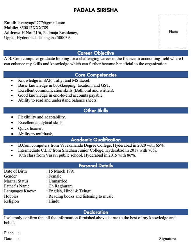 simple resume format for b.com freshers