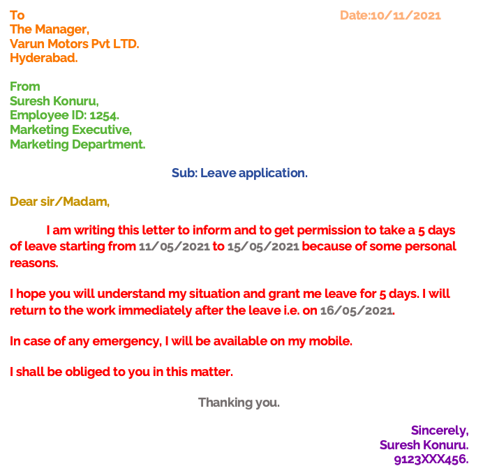5 days leave application for office for personal reason