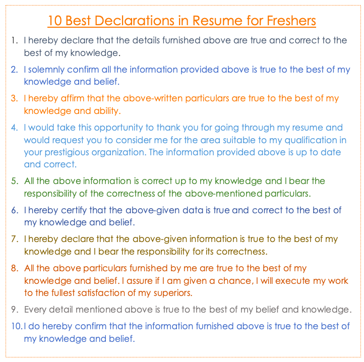 Sample declaration in resume for freshers 
