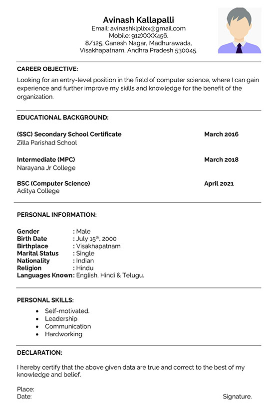 Declarations for Resume for Freshers