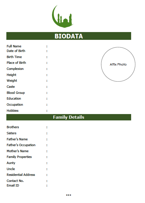 Muslim girl blank marriage biodata templates