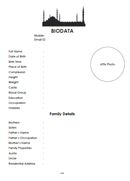 Muslim girl marriage biodata PDF and Word