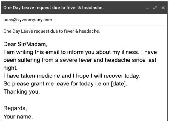 Sick leave mail to boss for one day sample