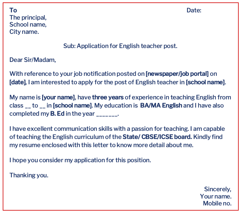Application for the post of English teacher job