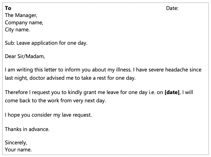 One day leave application format for office