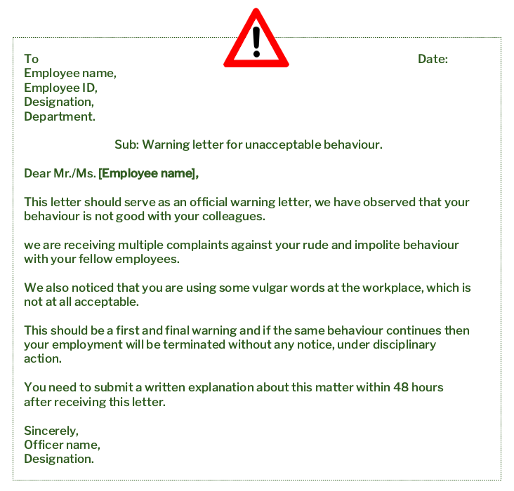 Warning letter for unacceptable behaviour of employee
