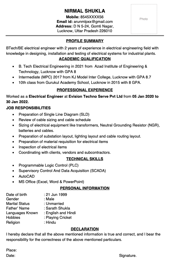 Electrical engineer resume with 2 years experience in India