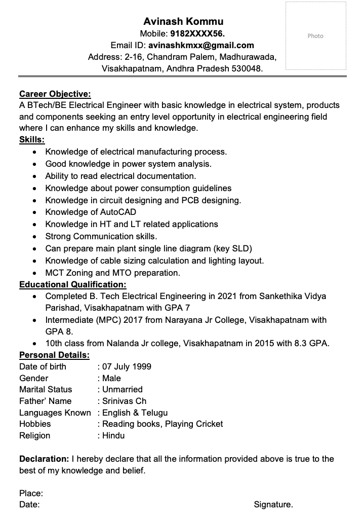 Fresher electrical engineer resume format  in Word free download