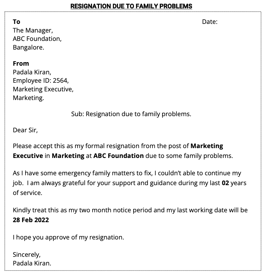 Resignation due to family problems in word format