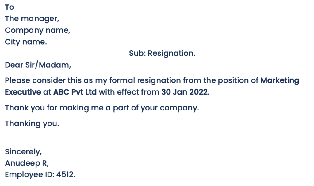 Short resignation email format