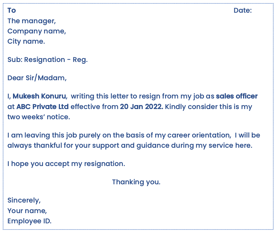two weeks resignation notice letter example