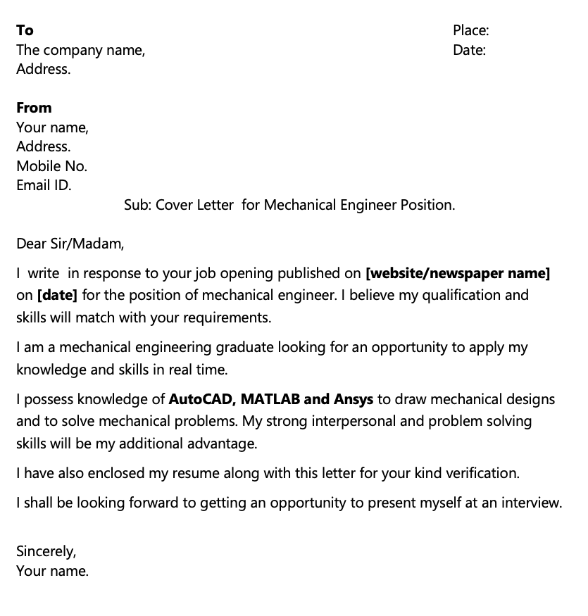 Cover letter for fresher mechanical engineers