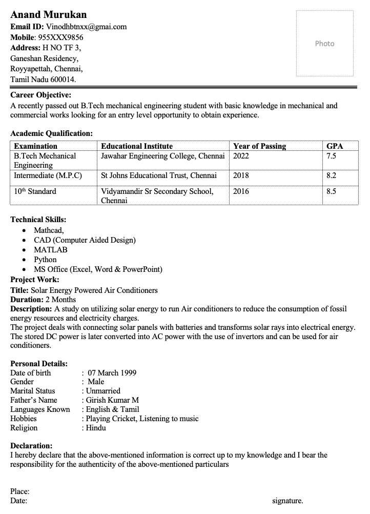 Fresher mechanical engineer resume format 2
