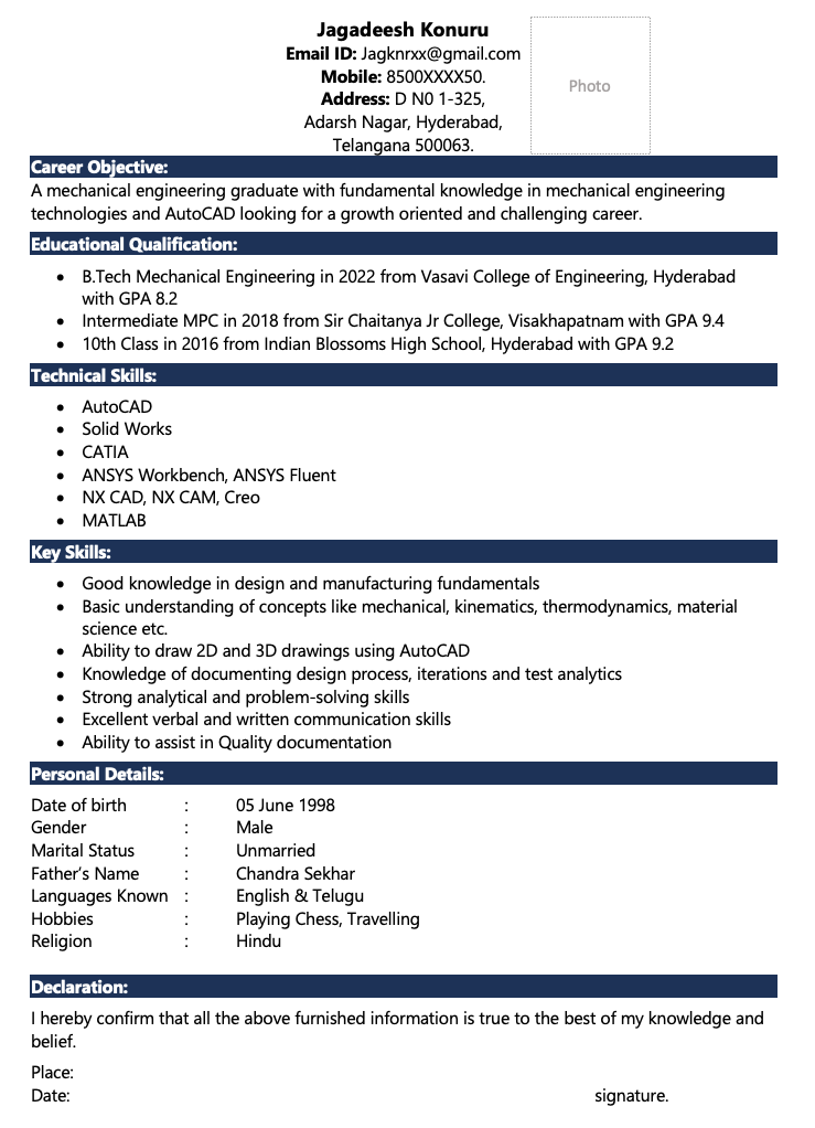 Fresher mechanical engineer resume format 4 in word format free