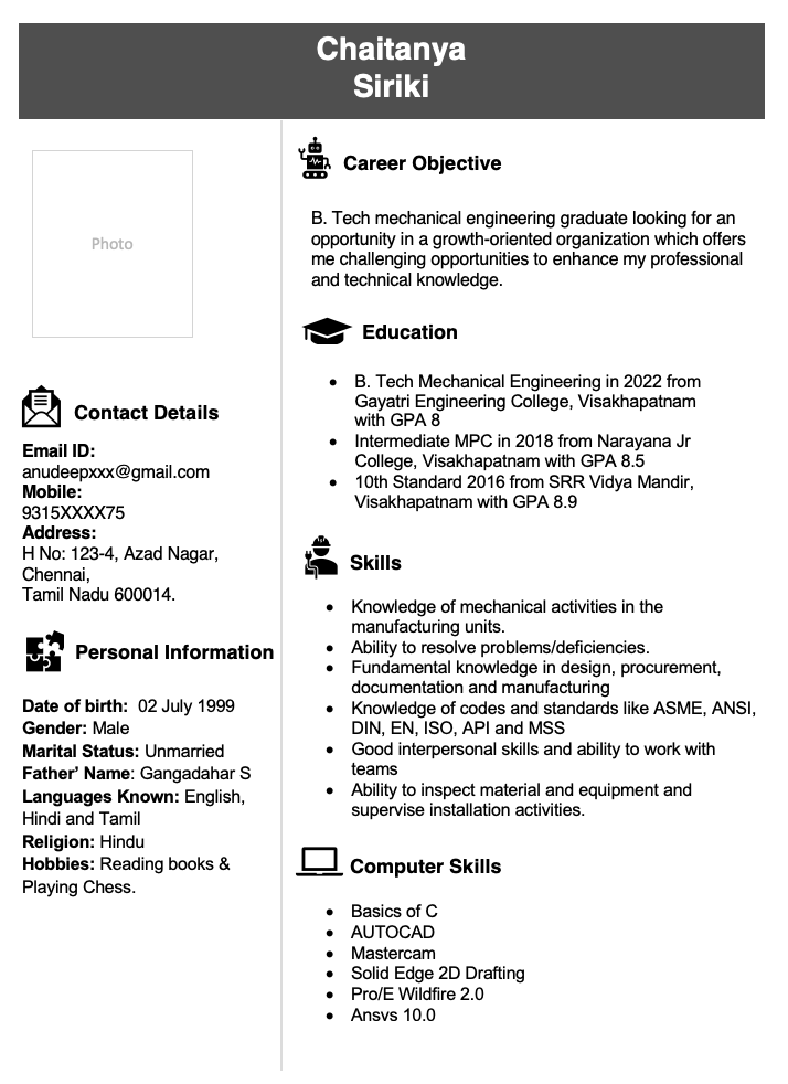 Fresher mechanical engineer resume format 5 (modern resume)