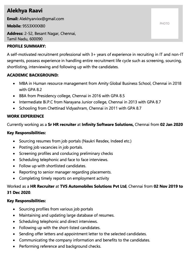 Senior HR recruiter resume for experienced
