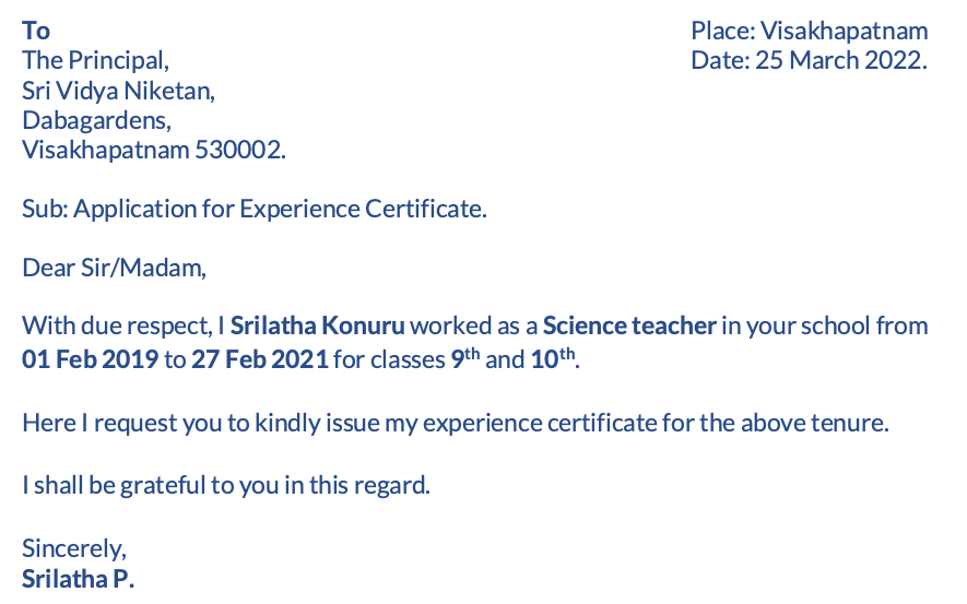application for experience certificate for teacher