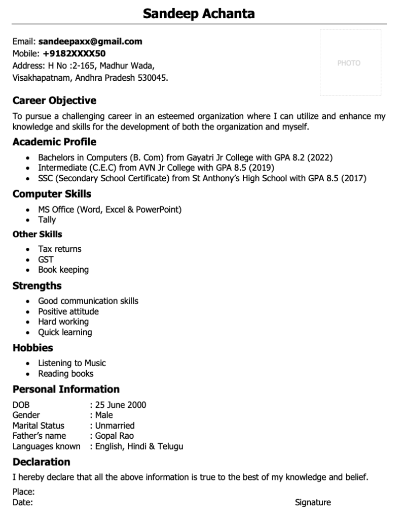 Degree fresher resume for B.Com students in Word