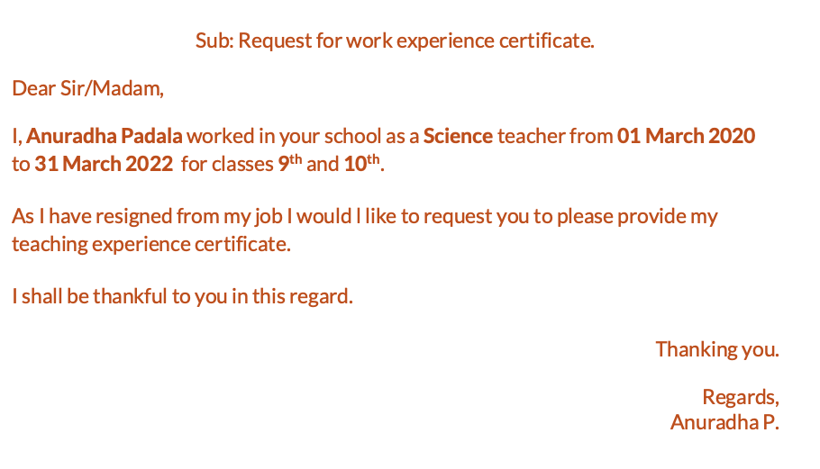 Email to request teaching experience certificate in school
