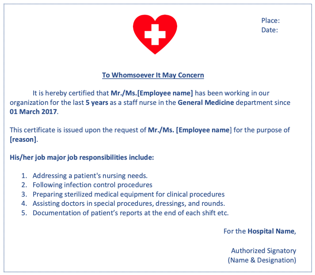 Still working experience certificate for nurses in hospitals