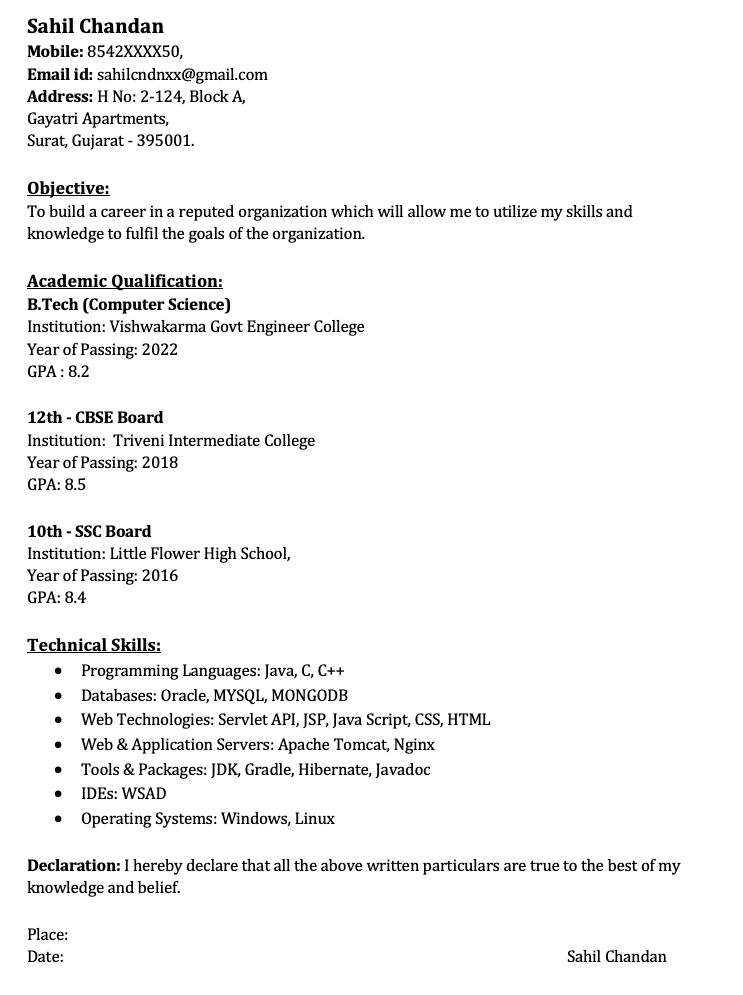 Fresher resume format in word free download