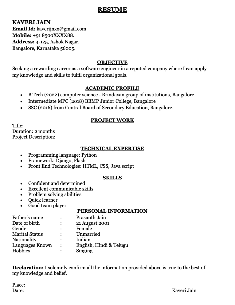 best resume format for download for freshers