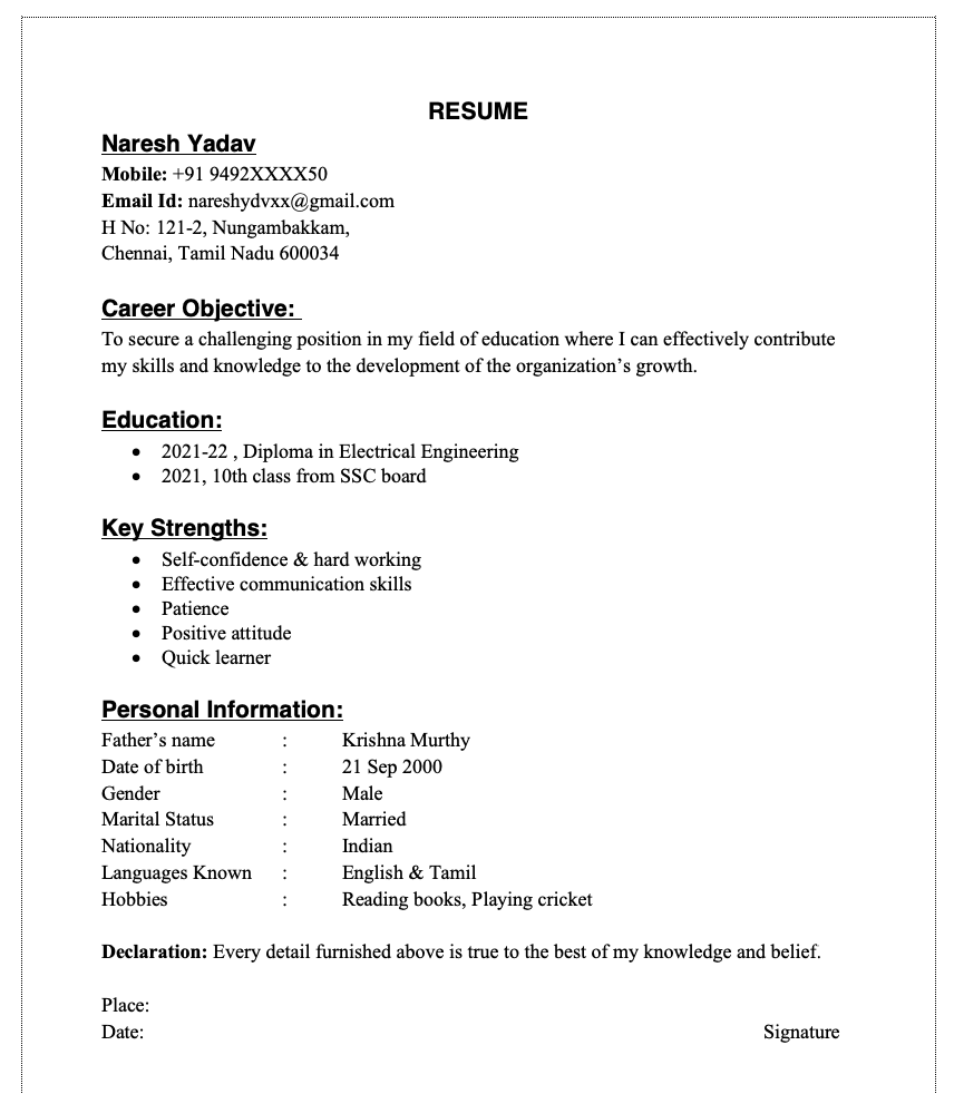 Simple fresher resume format download in word