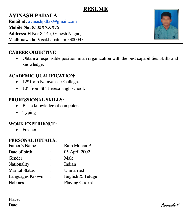Simple Fresher Resume Format in Word Free Download