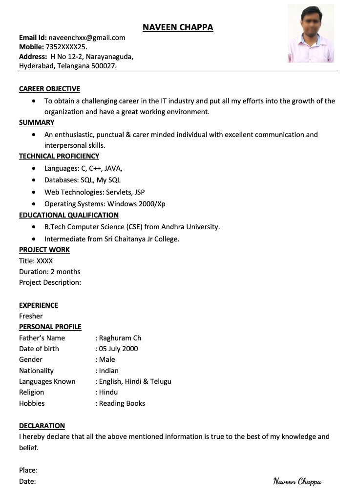 fresher resume format download in word