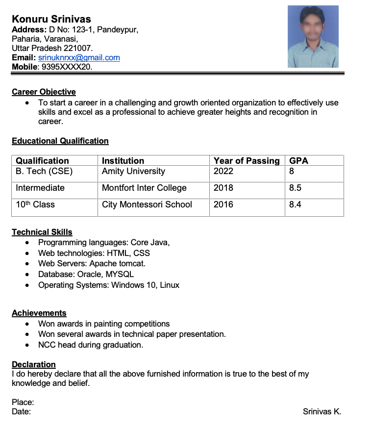 simple fresher resume format in word free