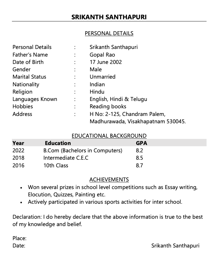 Simple fresher resume format free download