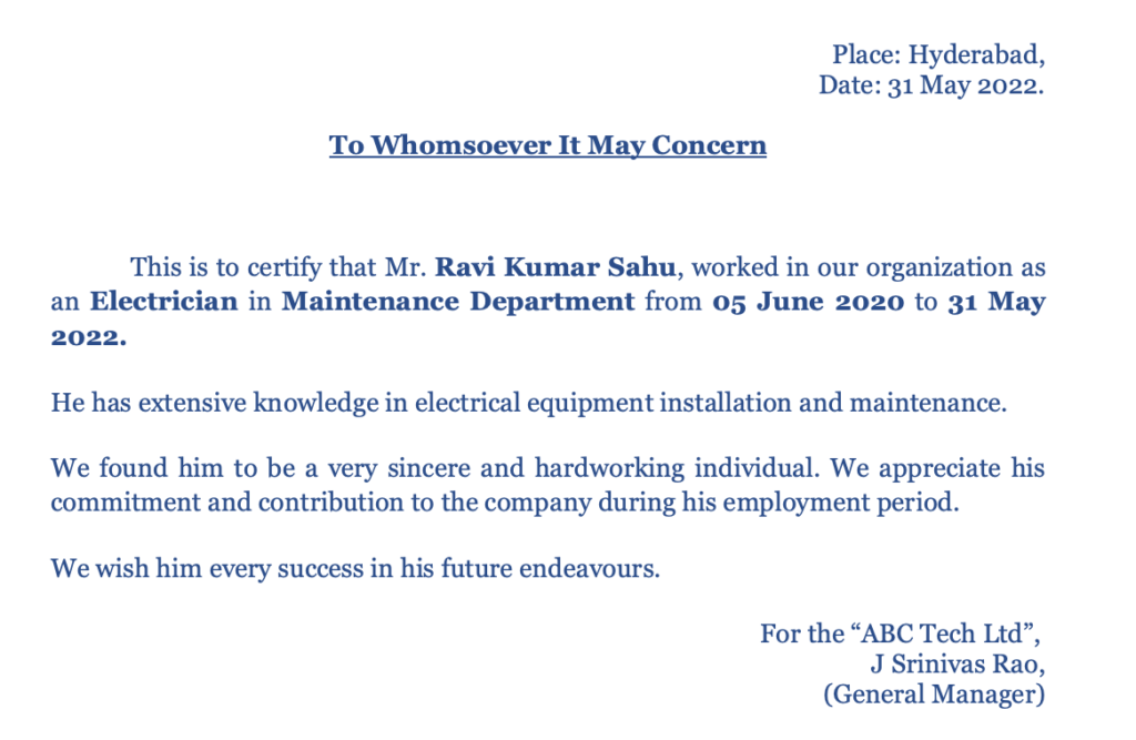 Electrician work experience certificate download in Word format